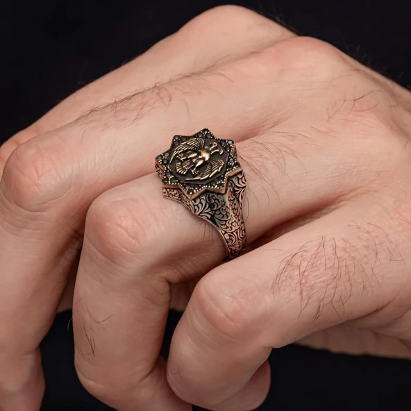 Çift Başlı Kartal Motifli 925 Gümüş Erkek Yüzük - Resim 9