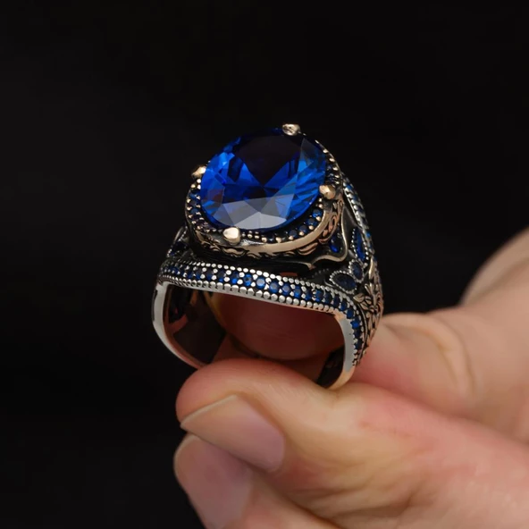 Parlament Mavisi Taşlı 925 Gümüş Erkek Yüzük - 5