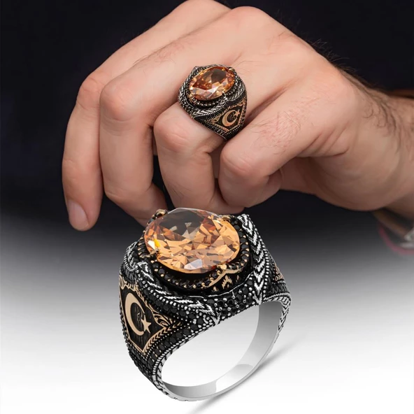 Ayyıldız Desenli 925 Gümüş Erkek Yüzük ürün görseli