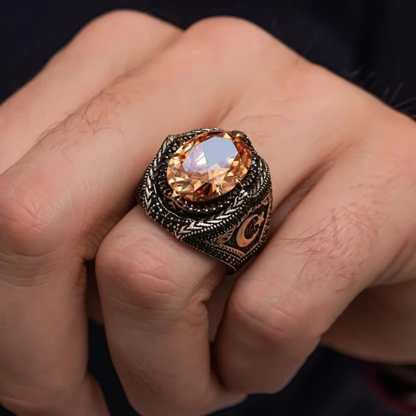 Ayyıldız Desenli 925 Gümüş Erkek Yüzük - Resim 3