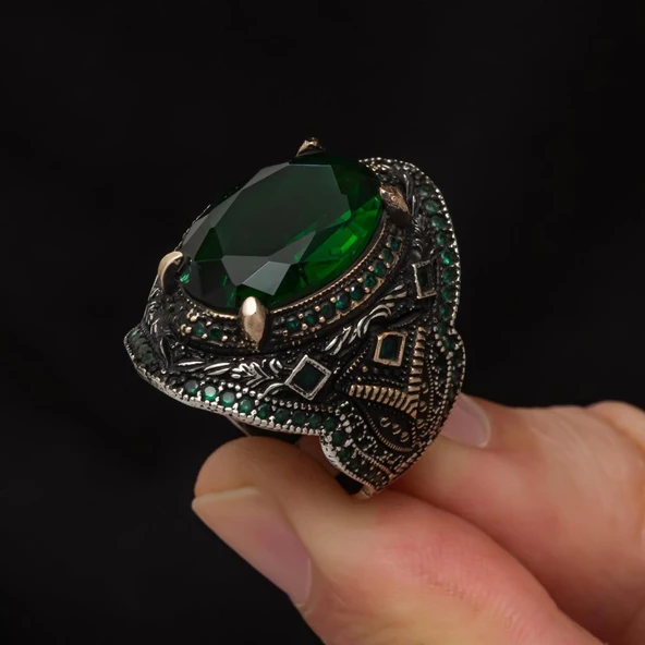 Yeşil Taşlı Oval 925 Gümüş Erkek Yüzük - Resim 6