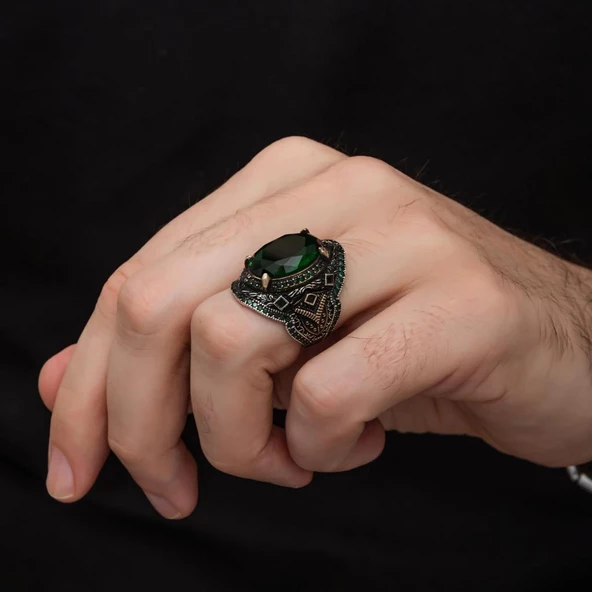 Yeşil Taşlı Oval 925 Gümüş Erkek Yüzük - Resim 7