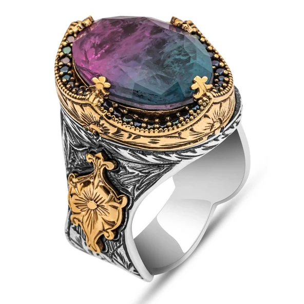 Turmolin Taşlı 925 Gümüş Erkek Yüzük - 2