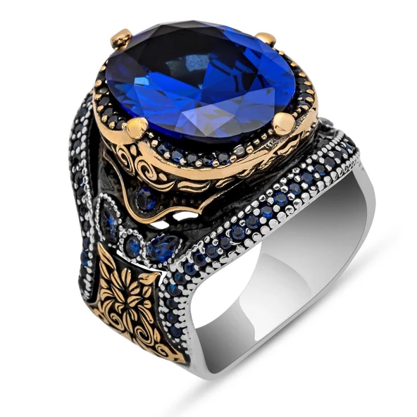 Parlament Mavisi Taşlı 925 Gümüş Erkek Yüzük - 2