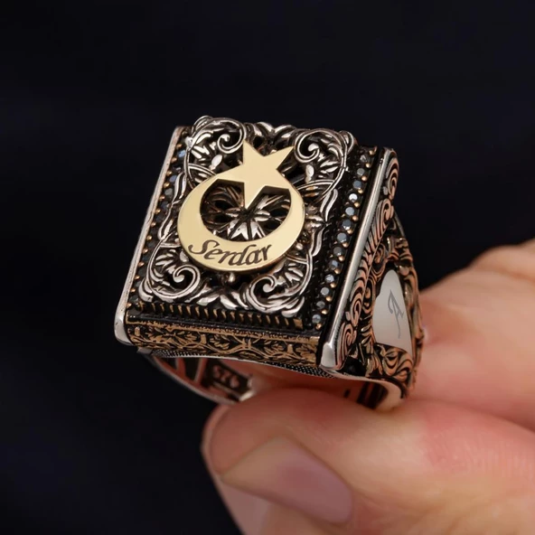 Ayyıldız Desenli İsimli 925 Gümüş Erkek Yüzük - Resim 7