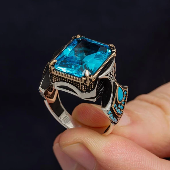 Kare Aqua Mavi Taşlı 925 Gümüş Erkek Yüzük - Resim 4