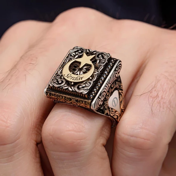 Ayyıldız Desenli İsimli 925 Gümüş Erkek Yüzük - Resim 3