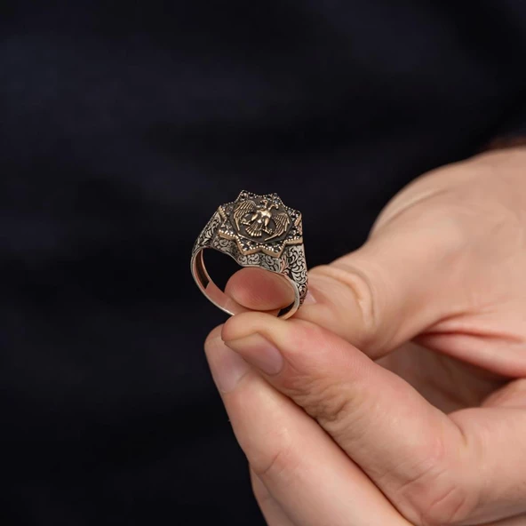 Çift Başlı Kartal Motifli 925 Gümüş Erkek Yüzük - Resim 5