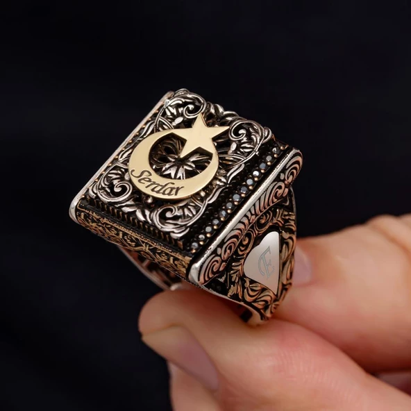 Ayyıldız Desenli İsimli 925 Gümüş Erkek Yüzük - Resim 9