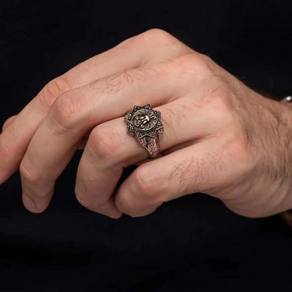 Çift Başlı Kartal Motifli 925 Gümüş Erkek Yüzük - Resim 8