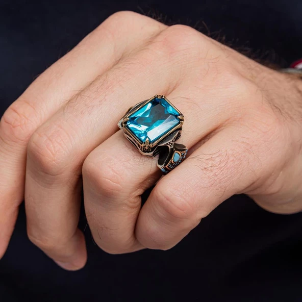 Kare Aqua Mavi Taşlı 925 Gümüş Erkek Yüzük - Resim 10