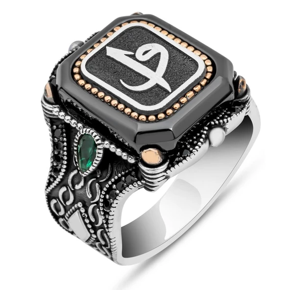 Kare Elif Vav Harfli 925 Gümüş Erkek Yüzük - Resim 2