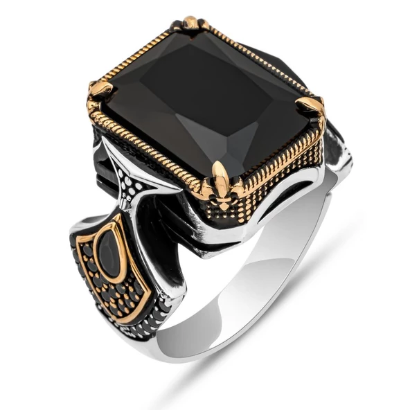 Siyah Taşlı Kare 925 Gümüş Erkek Yüzük - Resim 2