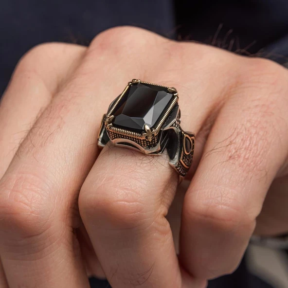 Siyah Taşlı Kare 925 Gümüş Erkek Yüzük - Resim 7