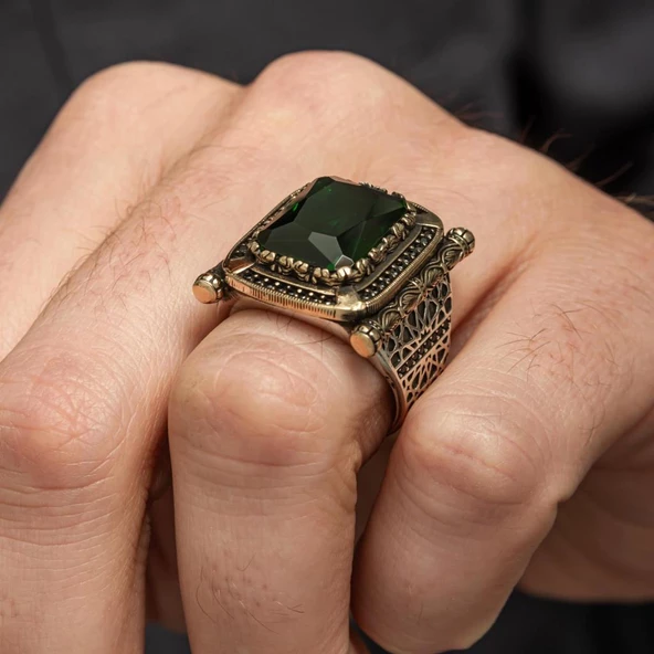 Kare Yeşil Taşlı 925 Gümüş Erkek Yüzük - Resim 5