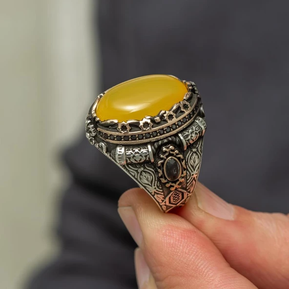 Sarı Akik Taşlı 925 Gümüş Erkek Yüzük - Resim 3