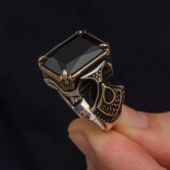 Siyah Taşlı Kare 925 Gümüş Erkek Yüzük - Resim 5