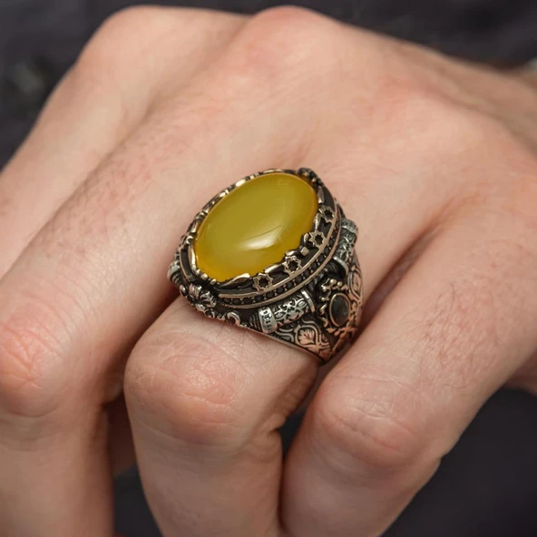 Sarı Akik Taşlı 925 Gümüş Erkek Yüzük - Resim 5