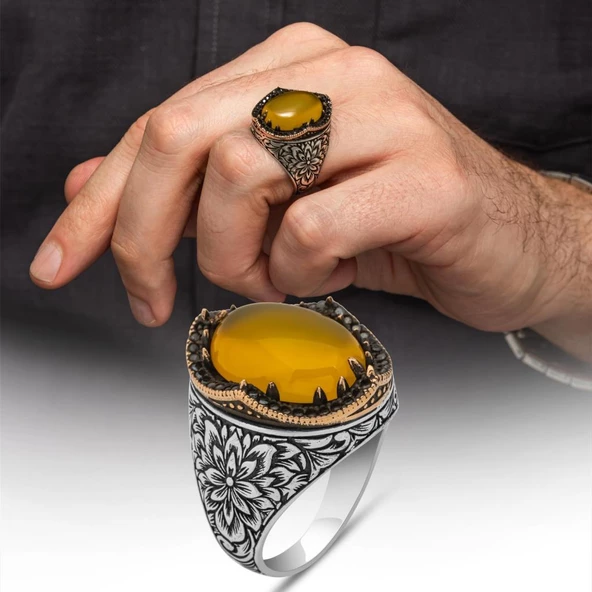 Sarı Akik Taşlı Kakma Oyma Motif 925 Gümüş Erkek Yüzük