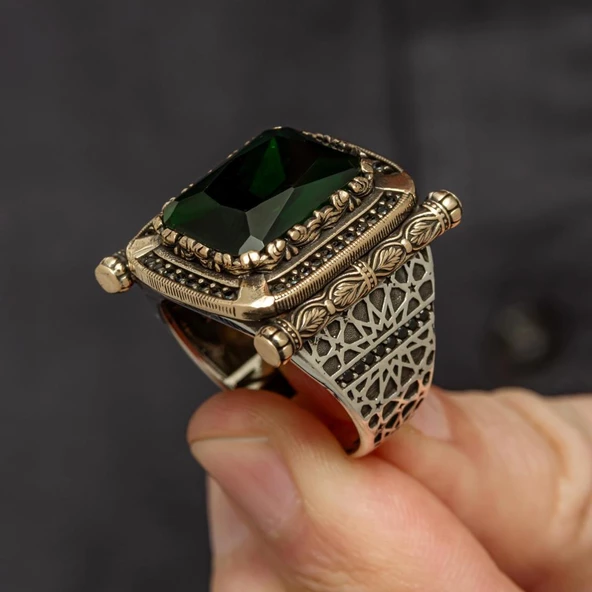 Kare Yeşil Taşlı 925 Gümüş Erkek Yüzük - Resim 7