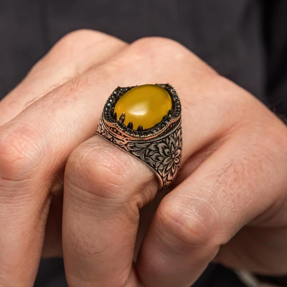 Sarı Akik Taşlı Kakma Oyma Motif 925 Gümüş Erkek Yüzük - Resim 7