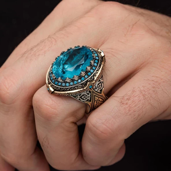 Mavi Paraiba Taşlı Zorbey 925 Gümüş Erkek Yüzük - Resim 7