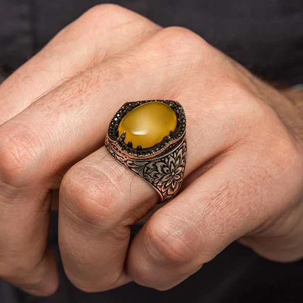 Sarı Akik Taşlı Kakma Oyma Motif 925 Gümüş Erkek Yüzük - Resim 3