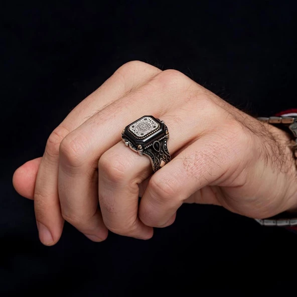 Süleyman Mührü Kare Desenli 925 Gümüş Erkek Yüzük - Resim 5