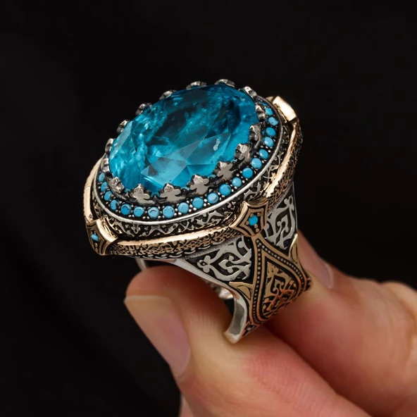 Mavi Paraiba Taşlı Zorbey 925 Gümüş Erkek Yüzük - Resim 3