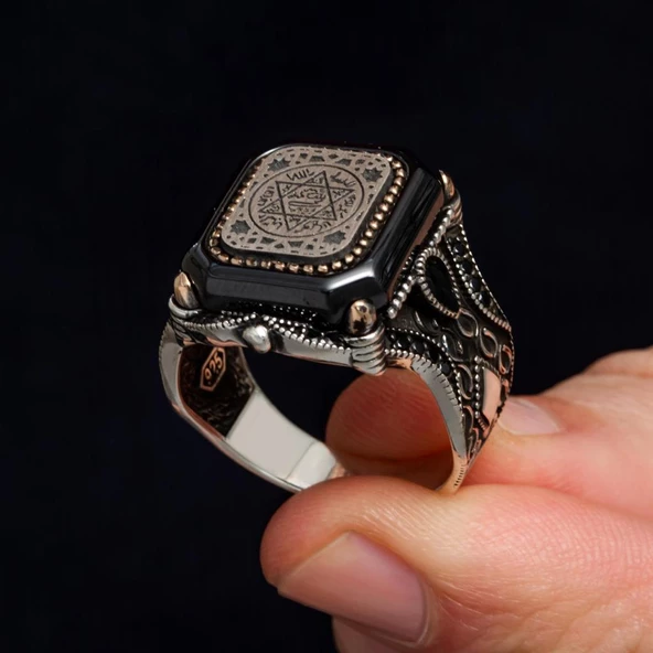 Süleyman Mührü Kare Desenli 925 Gümüş Erkek Yüzük - Resim 4