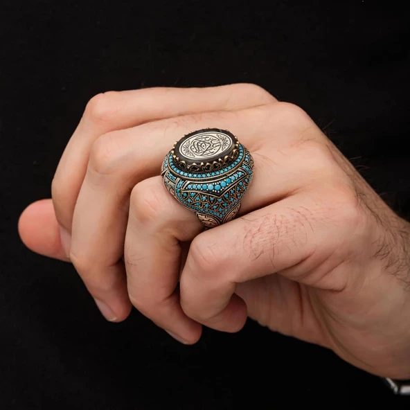 La Galibe İllallah Hat Yazılı Mavi Taşlı Gümüş Erkek Yüzük - Resim 4