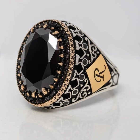 Siyah Taşlı Harfli 925 Gümüş Erkek Yüzük - Resim 5
