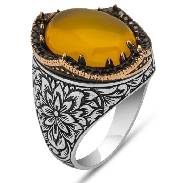 Sarı Akik Taşlı Kakma Oyma Motif 925 Gümüş Erkek Yüzük - Resim 2