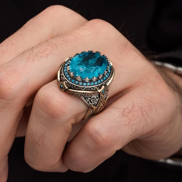 Mavi Paraiba Taşlı Zorbey 925 Gümüş Erkek Yüzük - Resim 5