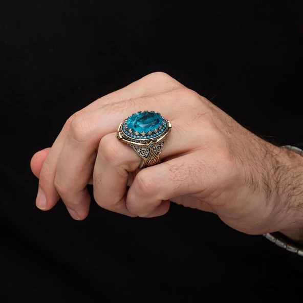 Mavi Paraiba Taşlı Zorbey 925 Gümüş Erkek Yüzük - Resim 4