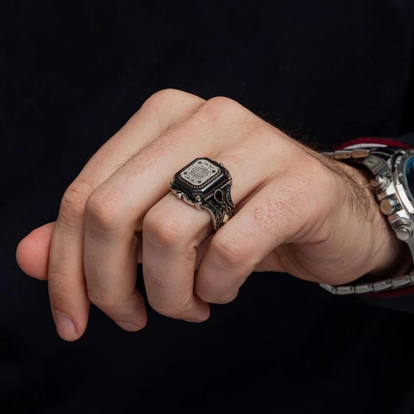 Süleyman Mührü Kare Desenli 925 Gümüş Erkek Yüzük - Resim 6