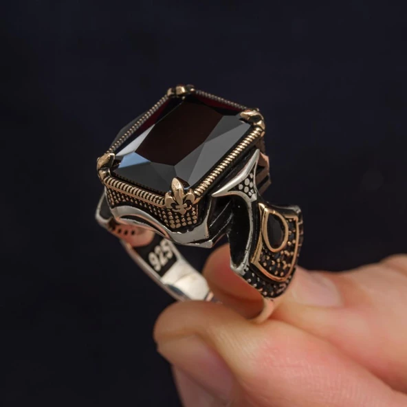 Siyah Taşlı Kare 925 Gümüş Erkek Yüzük - Resim 4