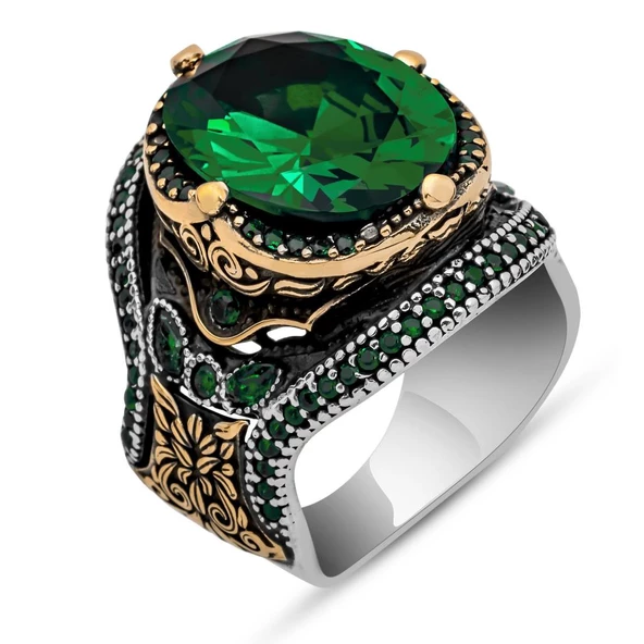 Yeşil Taşlı Oval 925 Gümüş Erkek Yüzük - 2