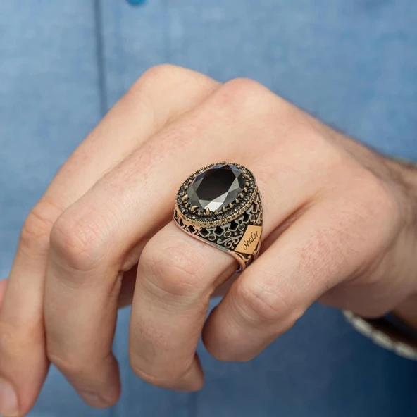 Siyah Taşlı Harfli 925 Gümüş Erkek Yüzük - Resim 6