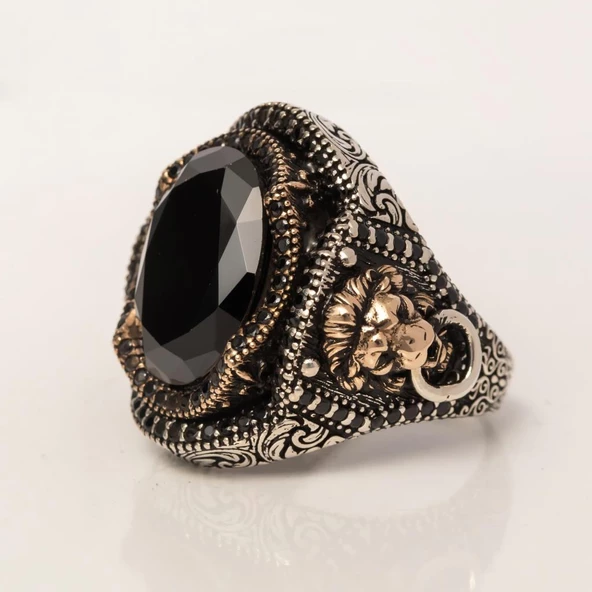 Aslan Kapı Tokmak Modeli Siyah Taşlı 925 Gümüş Yüzük - Resim 7