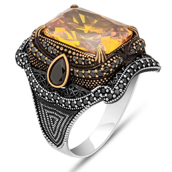 Sarı Sitrin Taşlı 925 Gümüş Erkek Yüzük - 2