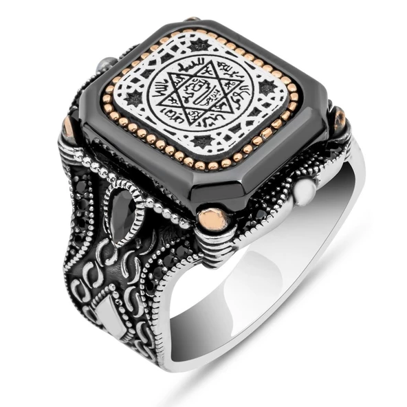 Süleyman Mührü Kare Desenli 925 Gümüş Erkek Yüzük - Resim 2