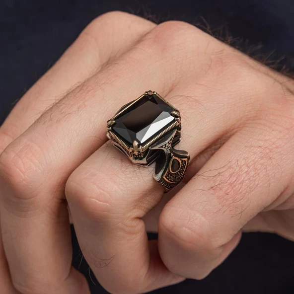 Siyah Taşlı Kare 925 Gümüş Erkek Yüzük - Resim 8