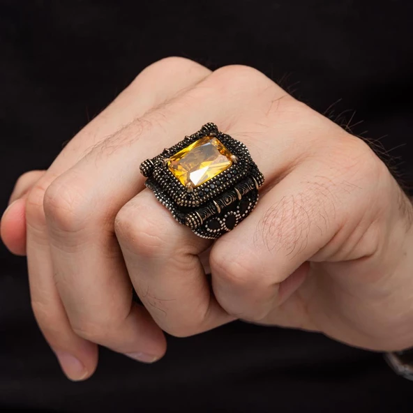 Kare Sarı Sitrin Taşlı 925 Gümüş Yüzük - Resim 3