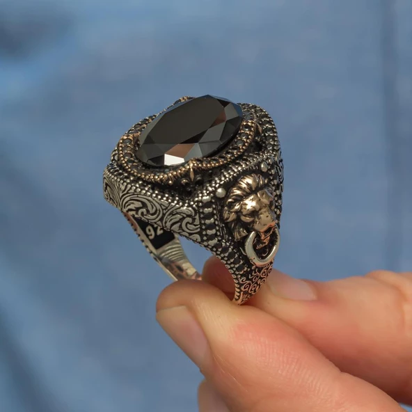 Aslan Kapı Tokmak Modeli Siyah Taşlı 925 Gümüş Yüzük - Resim 5