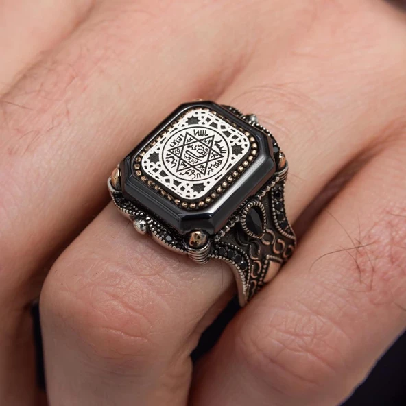 Süleyman Mührü Kare Desenli 925 Gümüş Erkek Yüzük - Resim 3