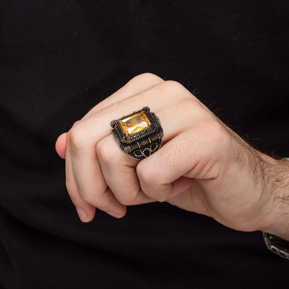 Kare Sarı Sitrin Taşlı 925 Gümüş Yüzük - Resim 4