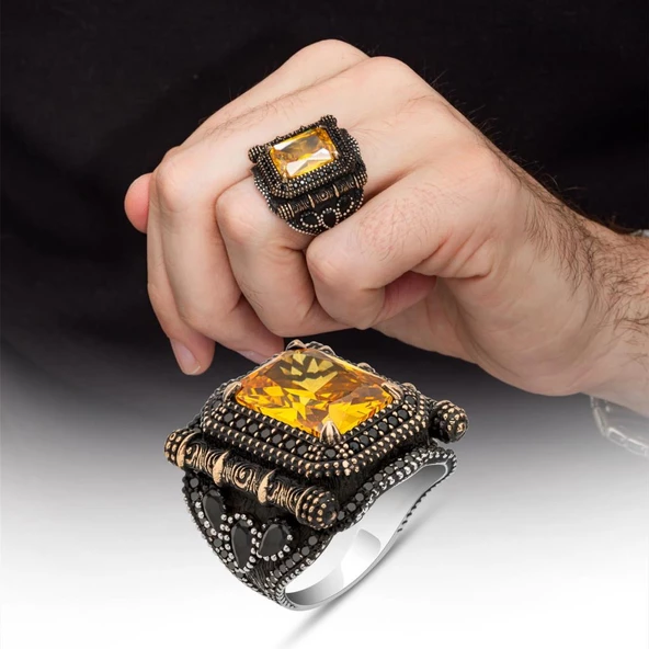 Kare Sarı Sitrin Taşlı 925 Gümüş Yüzük ürün görseli