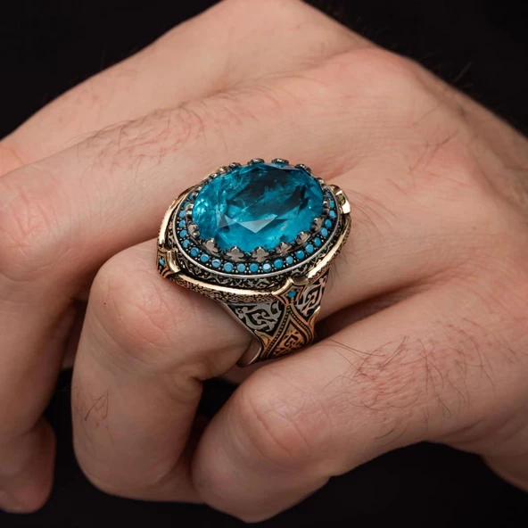 Mavi Paraiba Taşlı Zorbey 925 Gümüş Erkek Yüzük - Resim 6