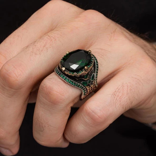 Yeşil Taşlı Oval 925 Gümüş Erkek Yüzük - 3